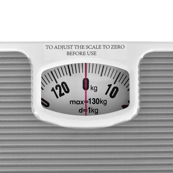 clevinger analogue bathroom scale max capacity 130kg Close-up of analogue bathroom scale with zero instruction