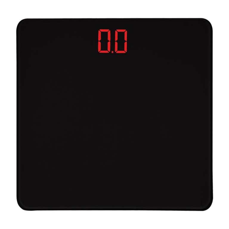 v915 cv0300 203424 00.jpg Black digital bathroom scale showing 0.0