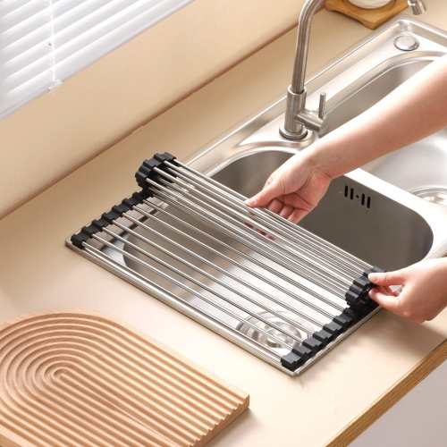 Roll-up stainless steel dish rack over sink