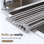 silver over sink draining rack with anti slip grips Roll-up stainless steel dish rack over sink