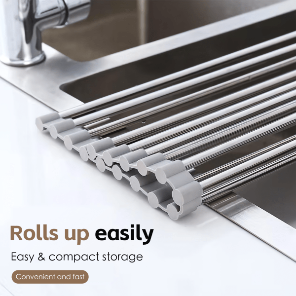 Roll-up stainless steel dish rack over sink