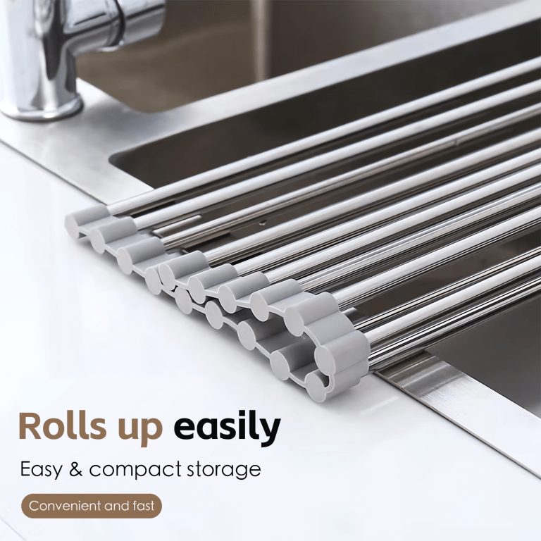 silver over sink draining rack with anti slip grips Roll-up stainless steel dish rack over sink