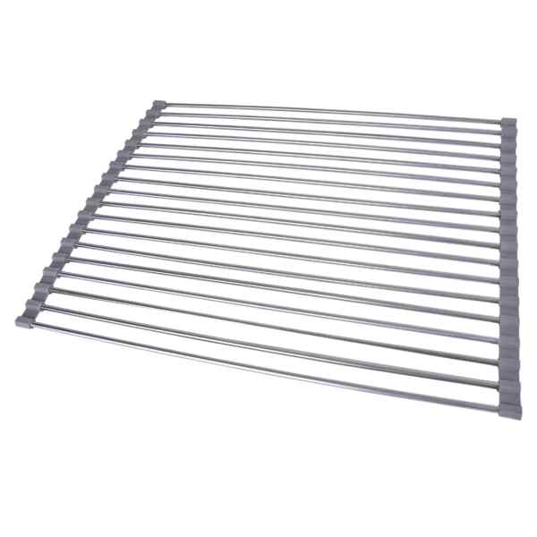 Stainless steel dish drying rack on white background