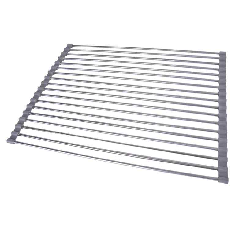 silver over sink draining rack with anti slip grips Stainless steel dish drying rack on white background