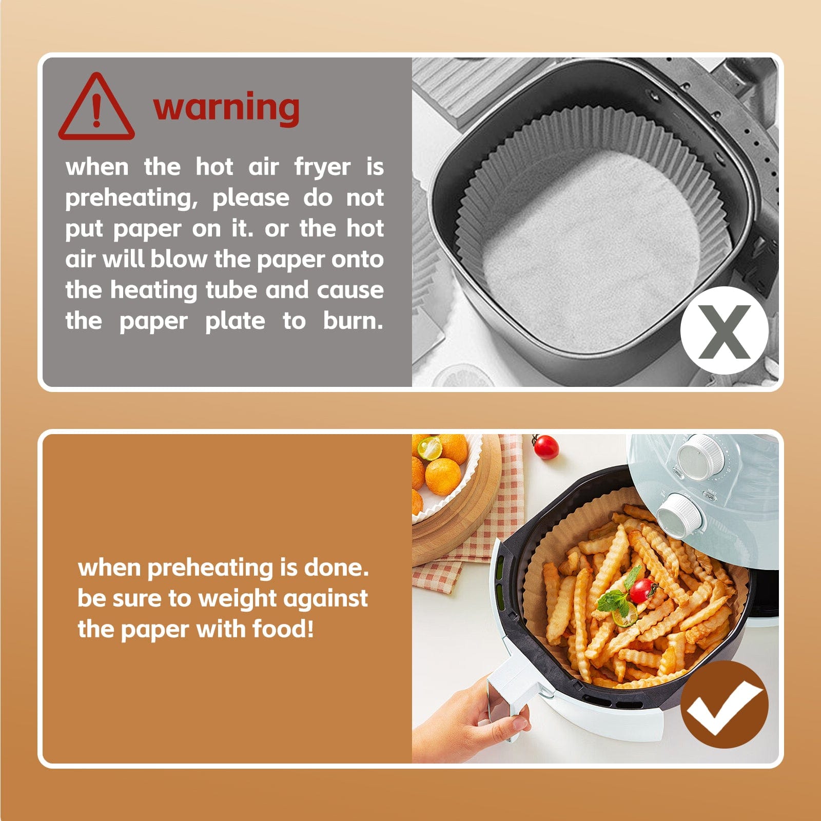 Air fryer paper liner preheating safety warning