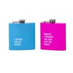 Blue and pink humorous slogan hip flasks