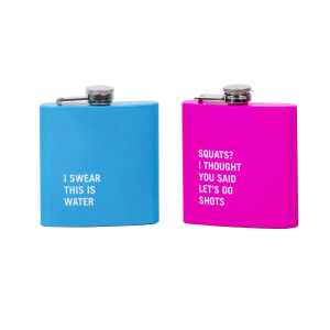 Blue and pink humorous slogan hip flasks