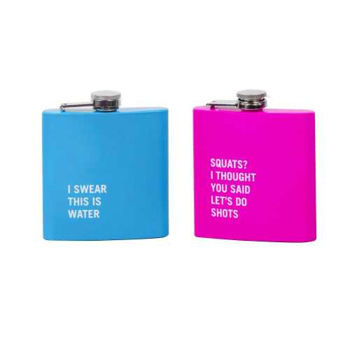 Blue and pink humorous slogan hip flasks