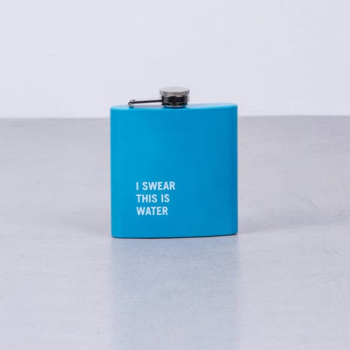 Blue hip flask reading 'I swear this is water'