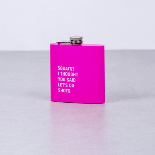 Pink hip flask with funny gym quote