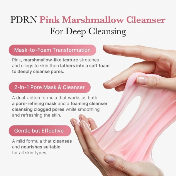 Pink marshmallow cleanser stretched between hands