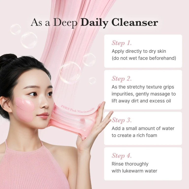 medicube pdrn pink niacinamide whip cleanser 120ml Woman applying pink facial cleanser with instructions