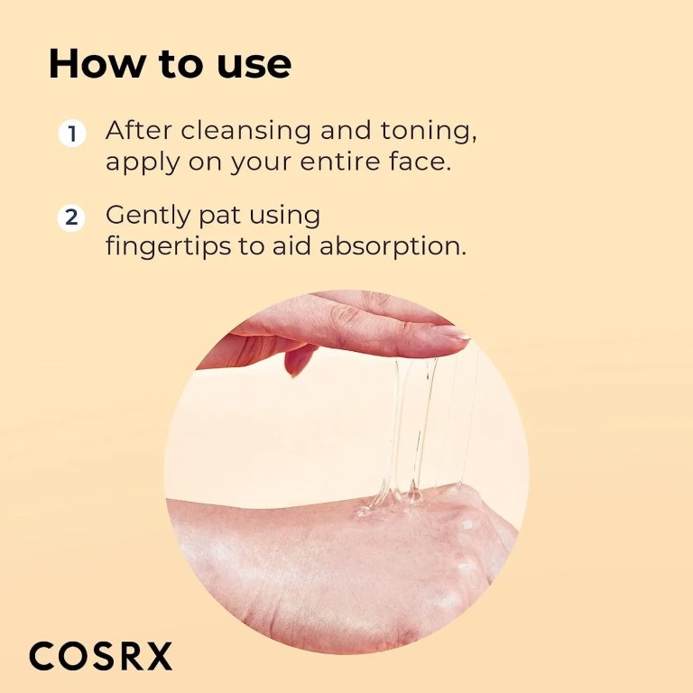 Skincare serum application instructions with clear gel texture