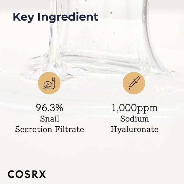 cosrx advanced snail 96 mucin power essence 100ml Snail mucin and hyaluronate skincare ingredients graphic