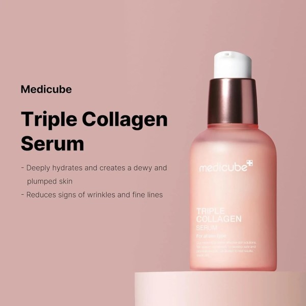 medicube triple collagen serum 4.0 55ml Medicube Triple Collagen Serum bottle on pink background