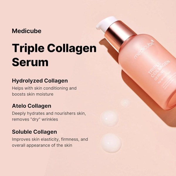 medicube triple collagen serum 4.0 55ml Medicube Triple Collagen Serum bottle on beige background