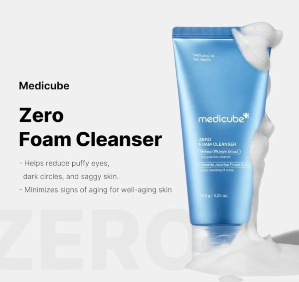 Medicube Zero Foam Cleanser blue tube with foam