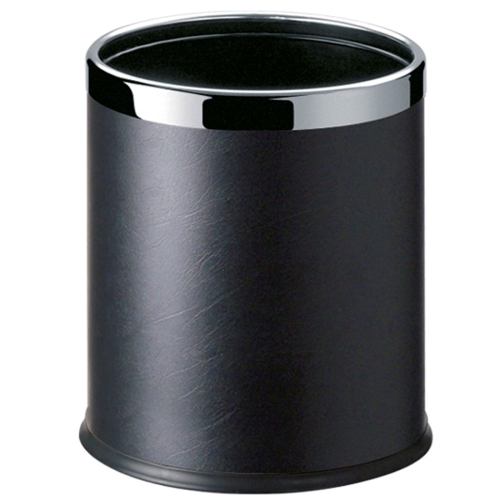 Black cylindrical waste bin with chrome rim