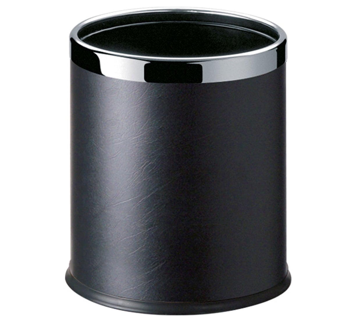 Black cylindrical waste bin with chrome rim