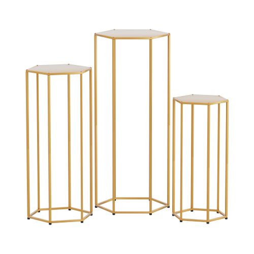 wesd hex 3pc gd 00.jpg Three gold hexagonal pedestal stands with glass tops