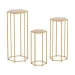 Three gold hexagonal plant stands of varying heights
