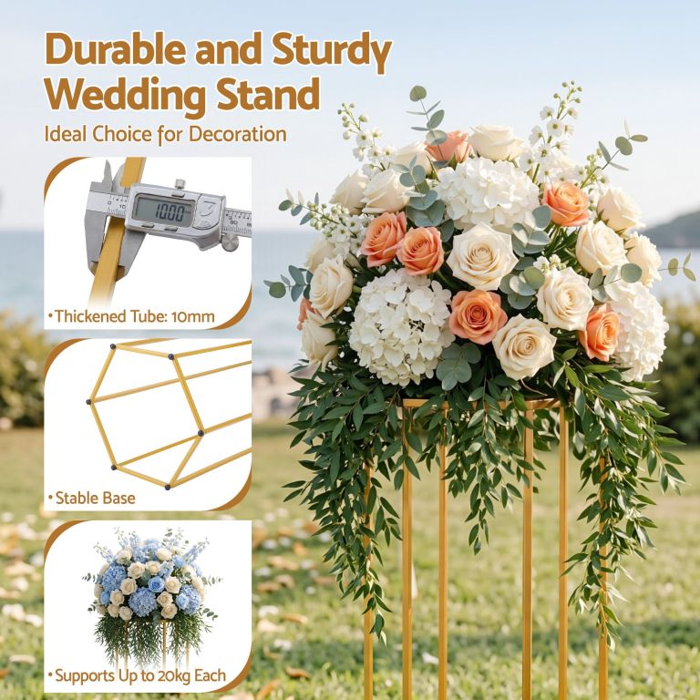 Gold wedding flower stand with floral arrangement