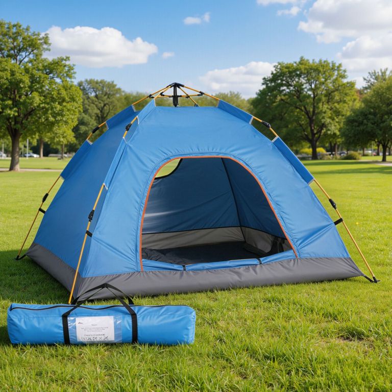 Blue camping tent set up in grassy park