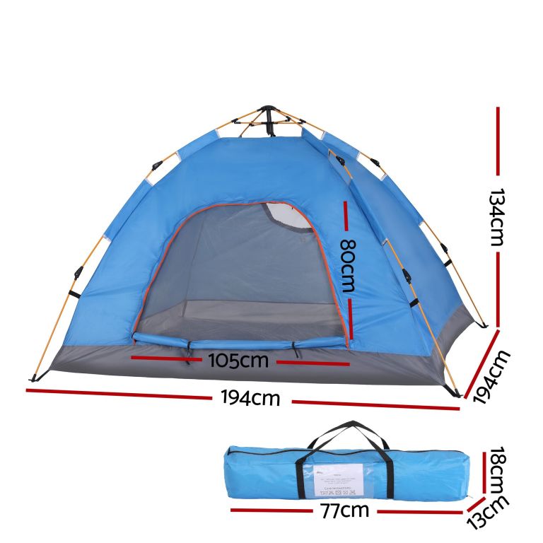 Blue camping tent with dimensions and carry bag