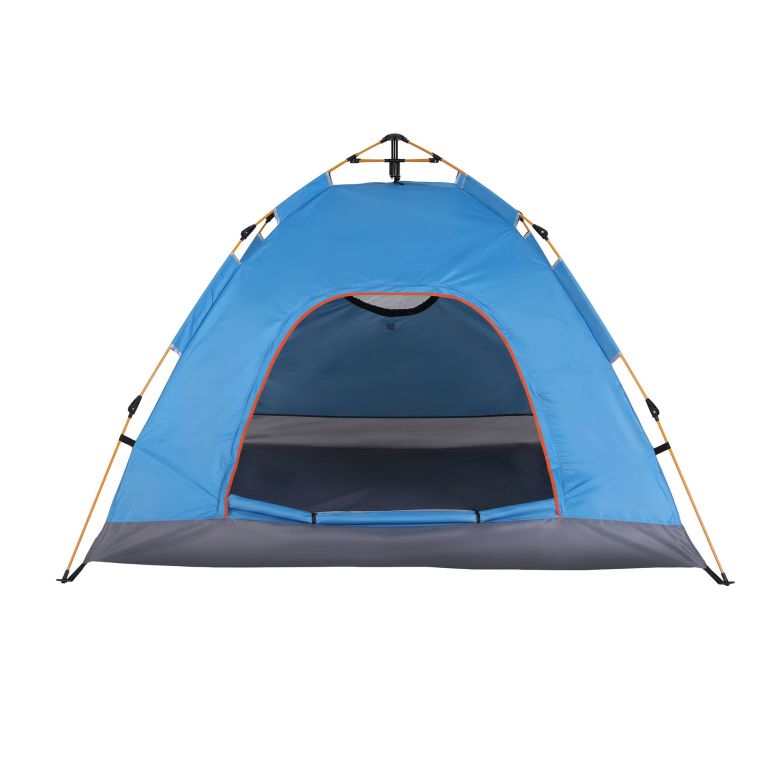 Blue camping tent with open front entrance