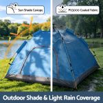 Blue camping tent with sun and rain protection