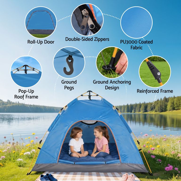 Blue camping tent with children by lakeside