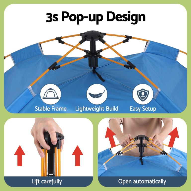Blue pop-up tent frame with quick setup mechanism