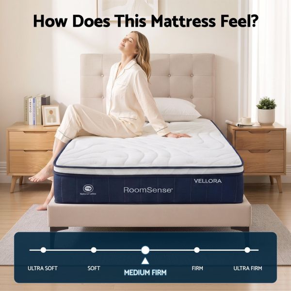 roomsense king single mattress , 30cm medium firm hybrid mattress with latex lumbar support for back pain relief , pocket spring mattress king single size in a box Woman relaxing on medium firm mattress in bedroom