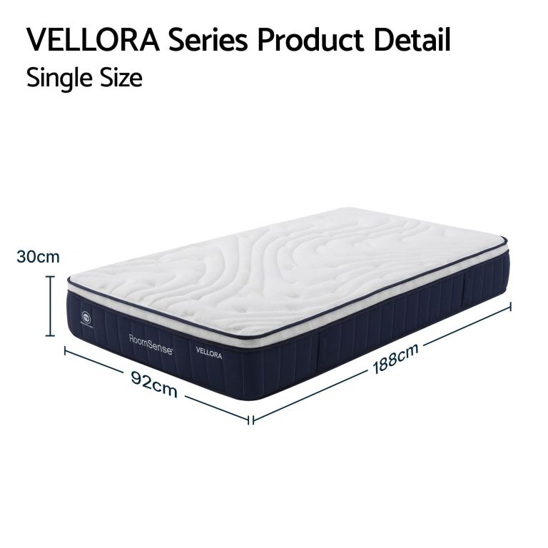 VELLORA single mattress with dimensions shown