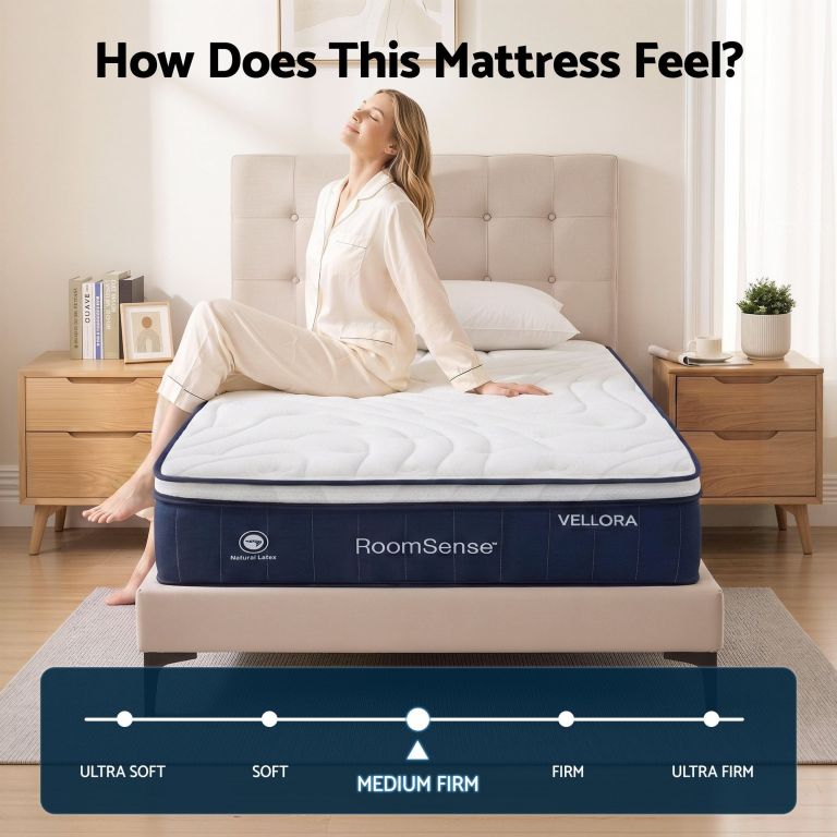 Woman relaxing on medium-firm mattress in bedroom