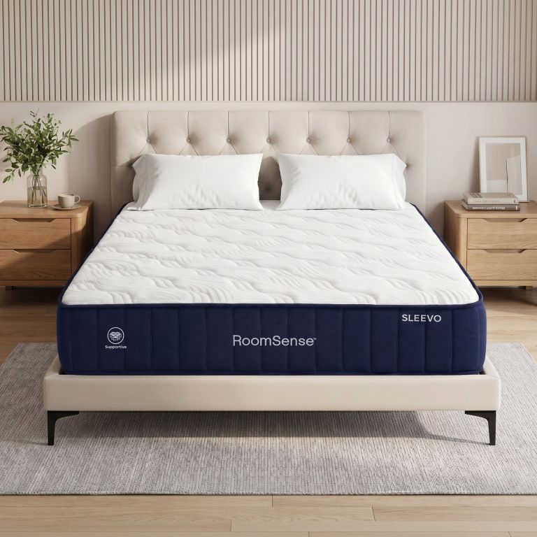 Modern bedroom with RoomSense mattress and wooden bedside tables