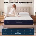 Woman sitting on medium-firm mattress in bedroom