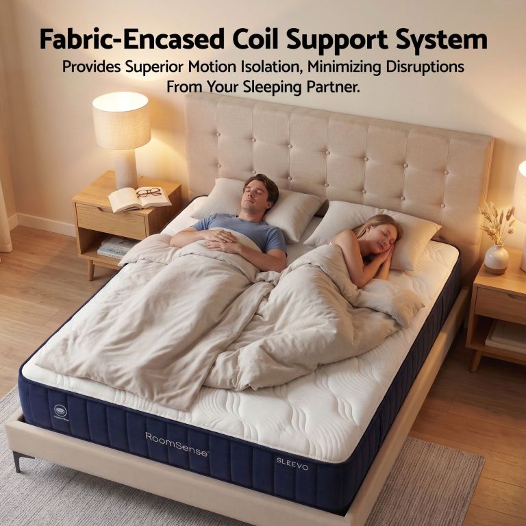 Couple sleeping on motion-isolating mattress in bedroom
