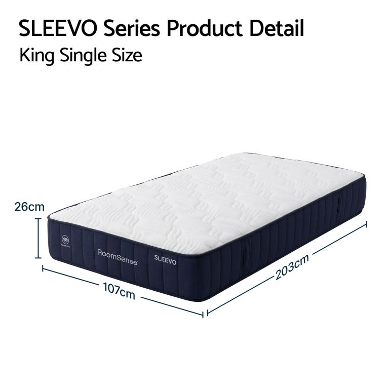 roomsense king single mattress, 26cm orthopedic firm mattress for back pain relief, pocket spring hybrid mattress king single size for home & rental SLEEVO king single mattress with dimensions shown