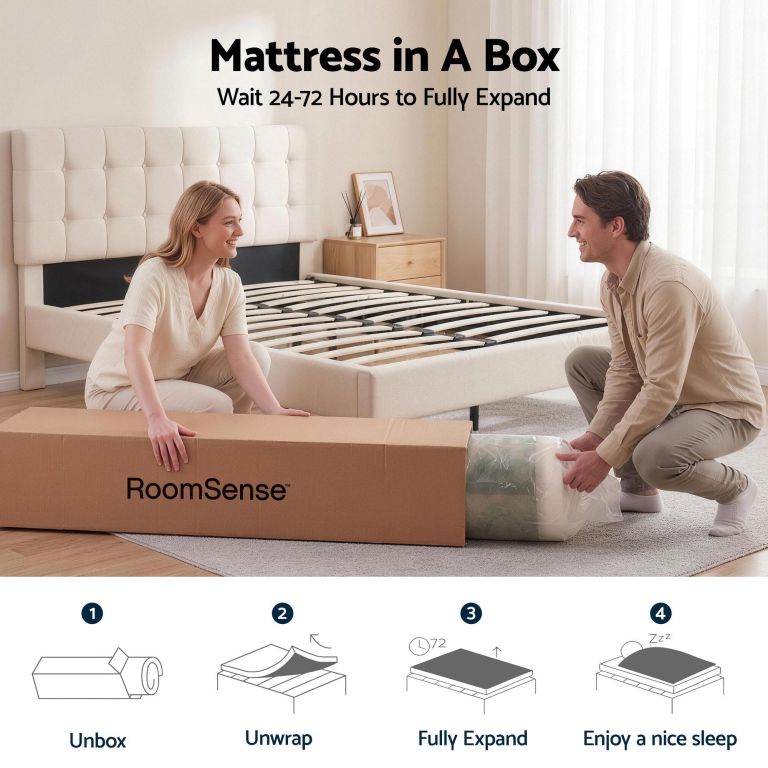 roomsense king single mattress, 26cm orthopedic firm mattress for back pain relief, pocket spring hybrid mattress king single size for home & rental Couple unboxing mattress in bedroom
