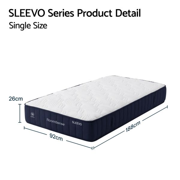 Single size SLEEVO mattress with dimensions displayed
