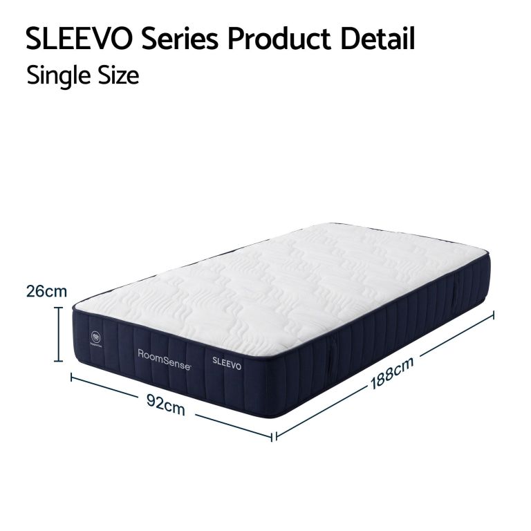 roomsense single mattress, 26cm orthopedic firm mattress for back pain relief, pocket spring hybrid mattress king size for home & rental Single size SLEEVO mattress with dimensions displayed