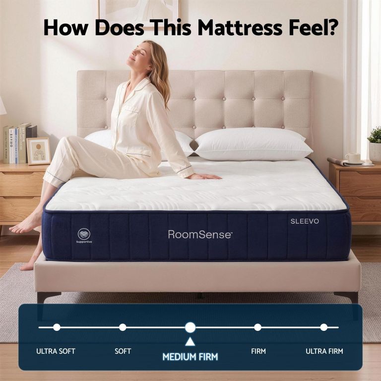 roomsense single mattress, 26cm orthopedic firm mattress for back pain relief, pocket spring hybrid mattress king size for home & rental Woman sitting on medium-firm mattress in bedroom
