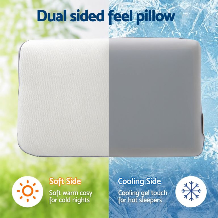 Dual sided pillow with soft and cooling surfaces