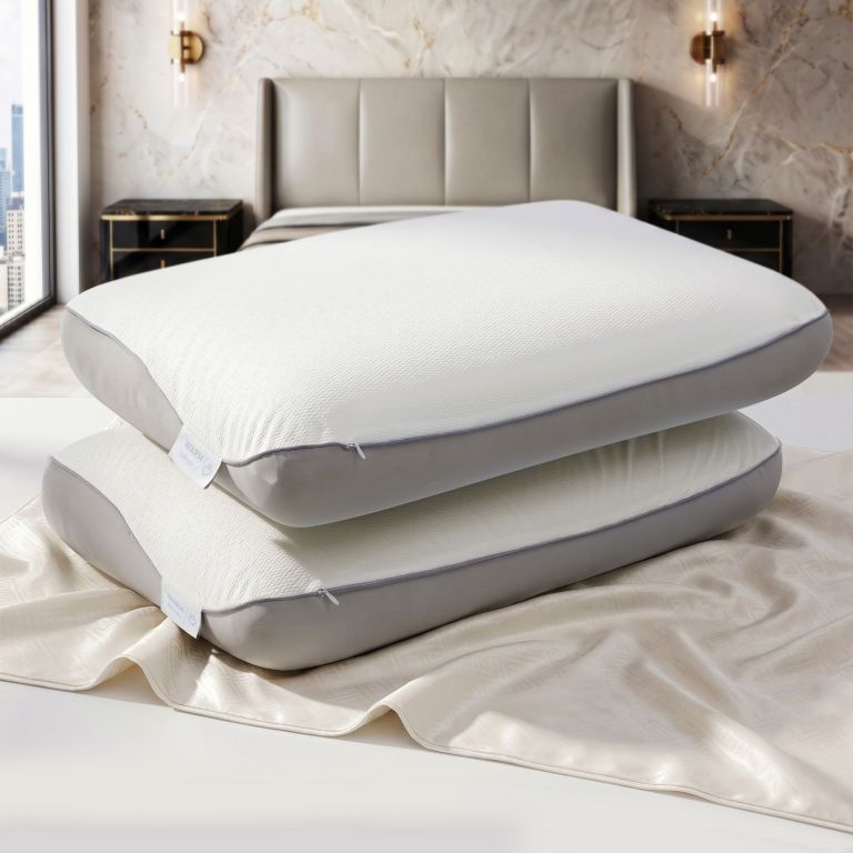Two contoured white pillows on modern bed