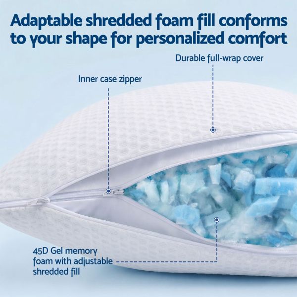roomsense cooling memory foam pillow pillows 1 pack, anti flattening bed pillows for hot sleepers, adjustable shredded gel side sleeper pillow for neck support, washable cover, 72x50x15cm Shredded memory foam pillow with zip cover