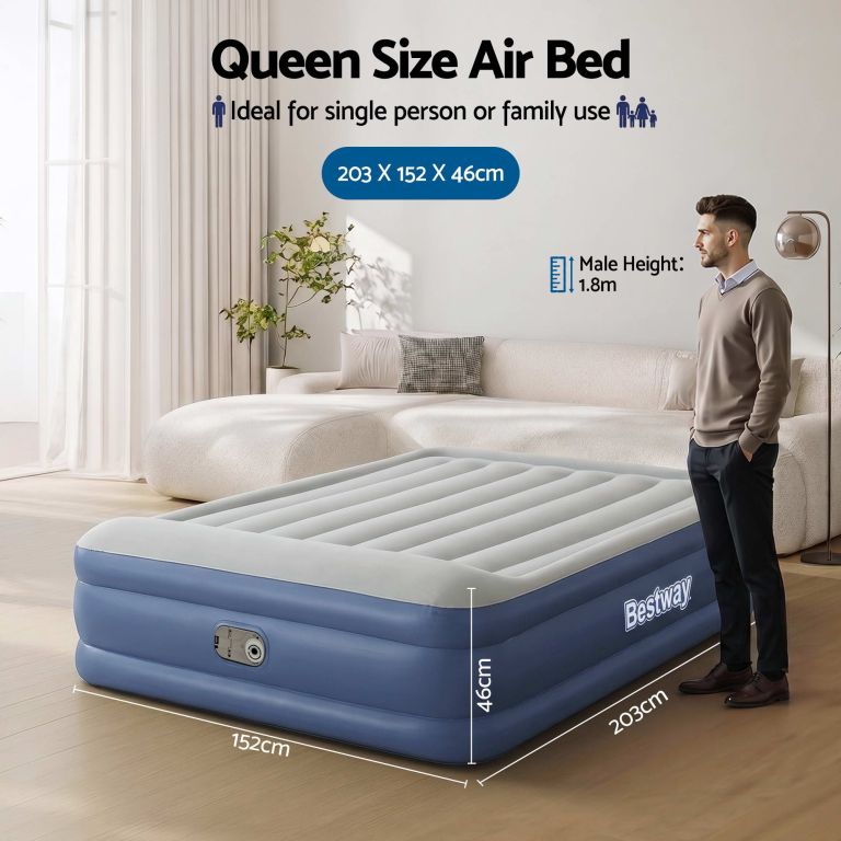 bestway air mattress queen inflatable bed 46cm airbed blue