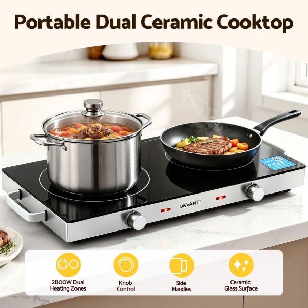 devanti portable ceramic cooktop dual burner electric hot plate 2800w black