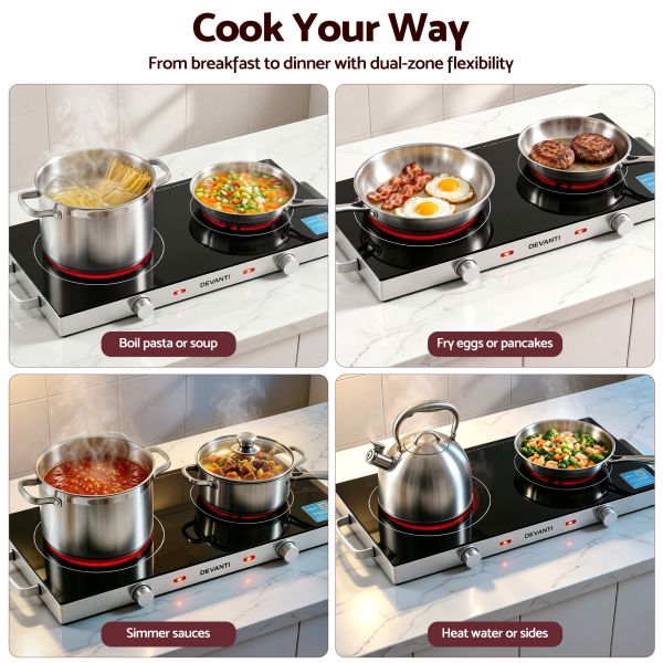 devanti portable ceramic cooktop dual burner electric hot plate 2800w black