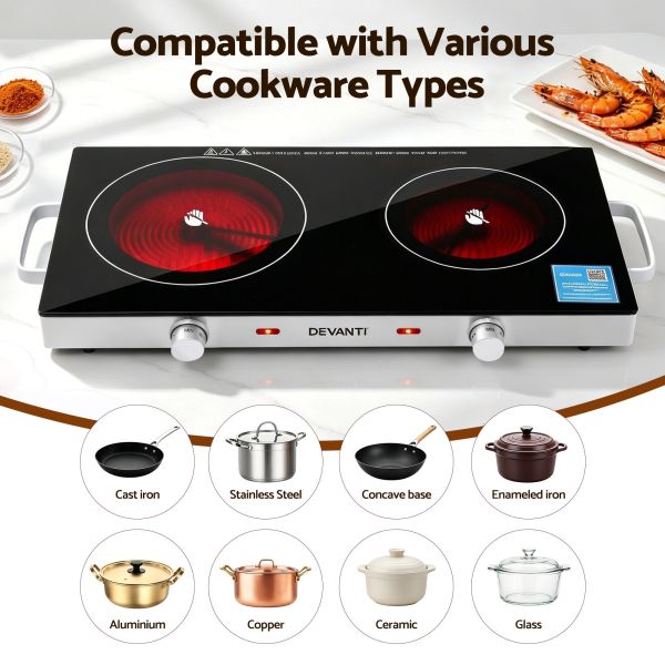 devanti portable ceramic cooktop dual burner electric hot plate 2800w black